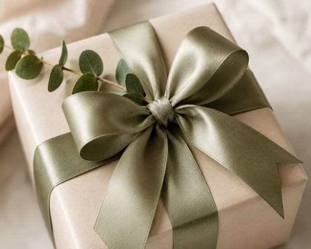 A gift wrapped in kraft paper with a sage green ribbon bow