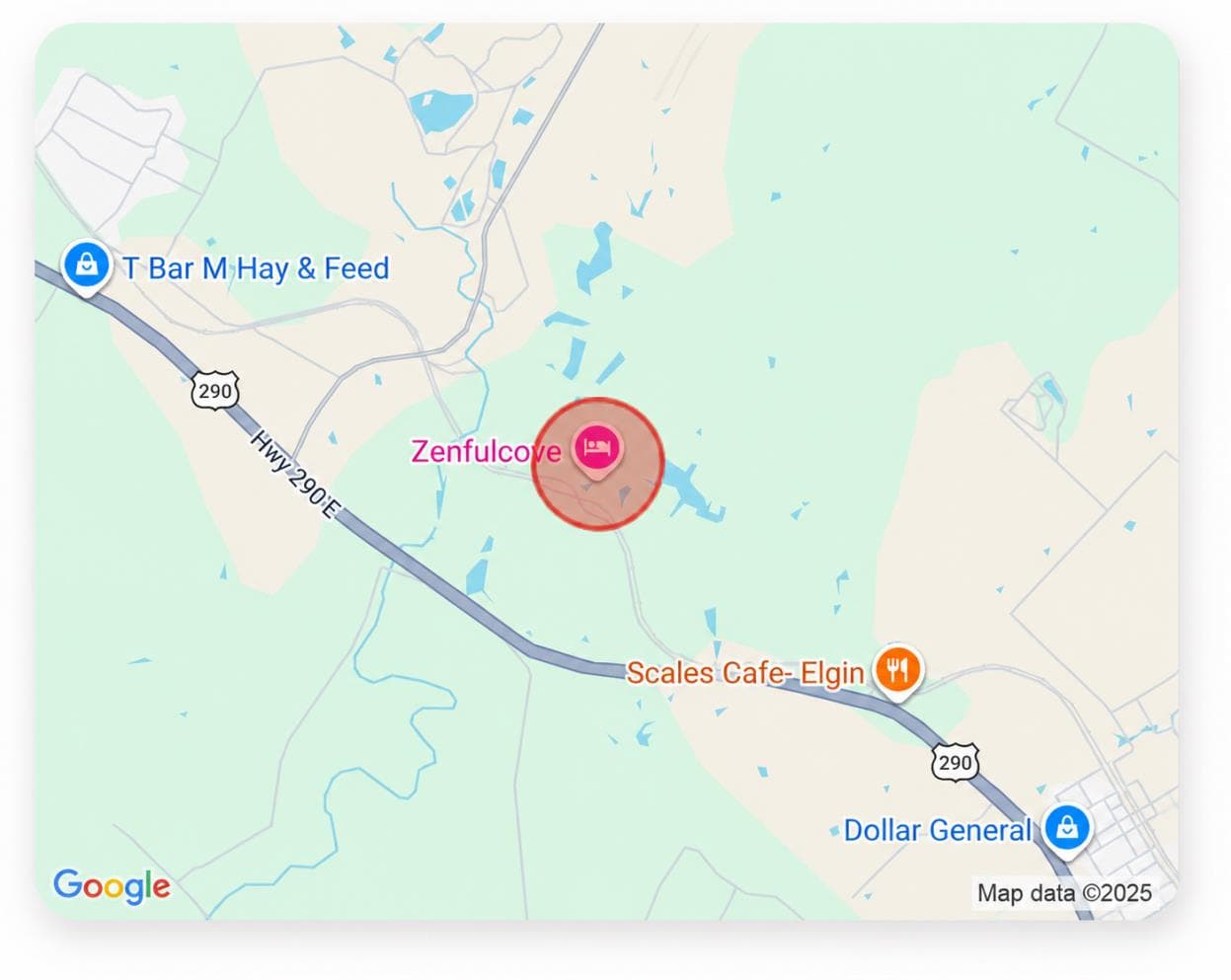Map showing Zenfulcove near Elgin, Texas