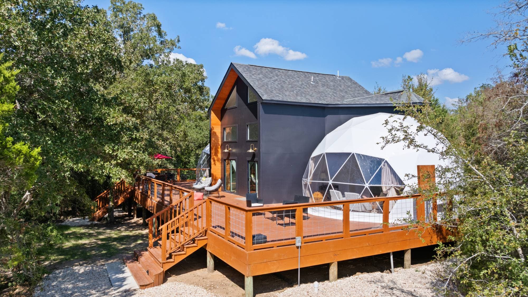 The Bird House geodomes and wraparound deck, a small retreat venue near Austin